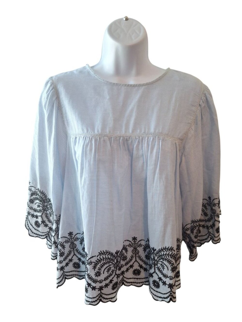 Zara Basic M Blue White Stripe Embroidered Blouse Scallop Hem Boho Coastal Top